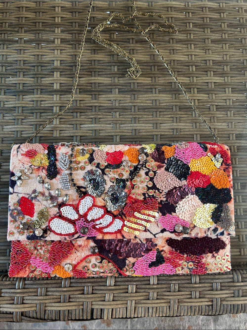 Anthropologie Pink Red Orange Sequin Beaded Floral Chain Clutch